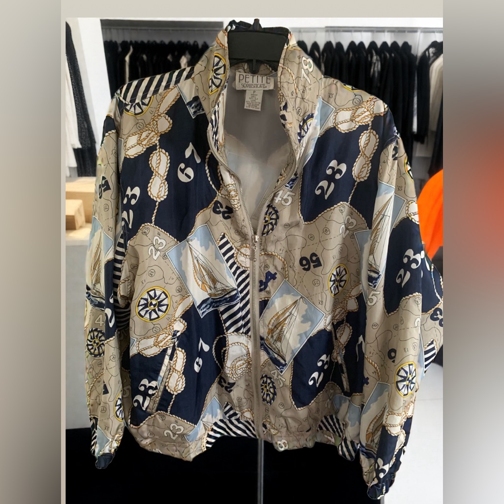 Petite Sophisticate Nautical Print Bomber Jacket In Navy And Beige